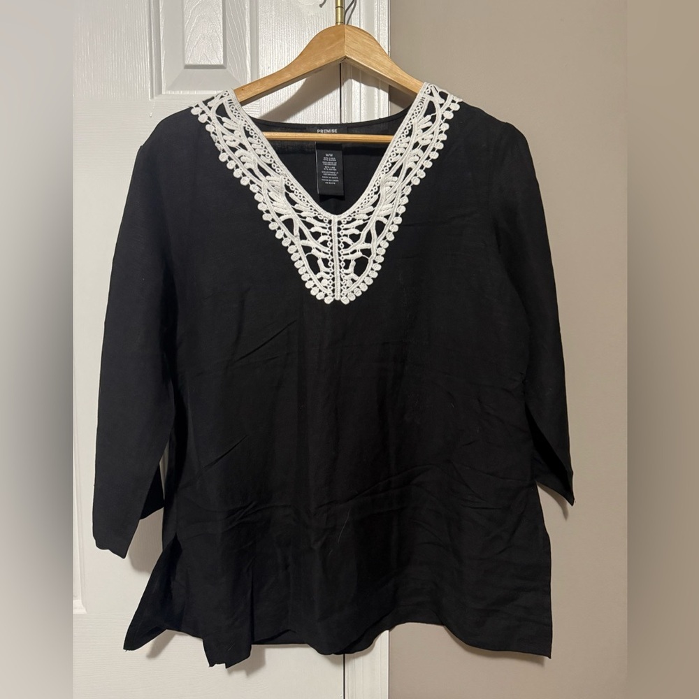 Premise Black Linen Blend Tunic Top with White Crochet Neckline~ Size Medium - Picture 1 of 5